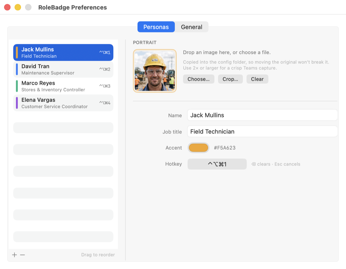 RoleBadge Preferences window showing the persona editor